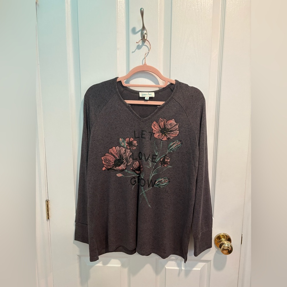 Grace & Lace Dark Gray Top with Pink Floral Design